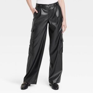Women's High-Rise Straight Faux Leather Cargo Pants - A New Day Black 16
